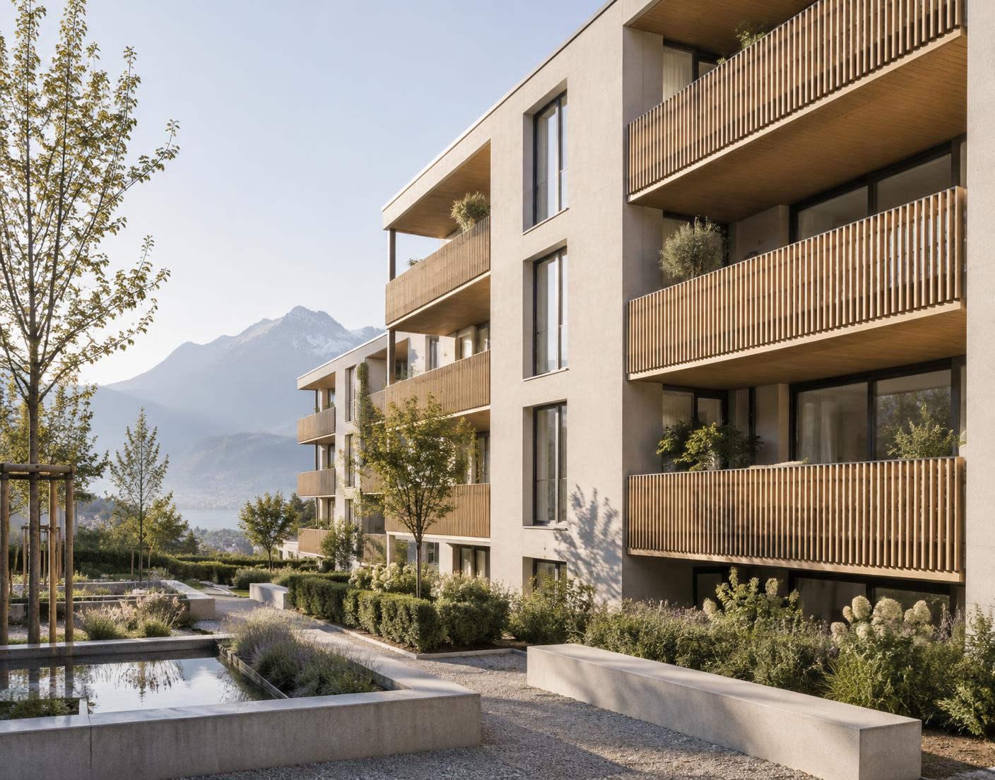 Zeitgemässer Wohnbau mit Holz und natürlicher Umgebung